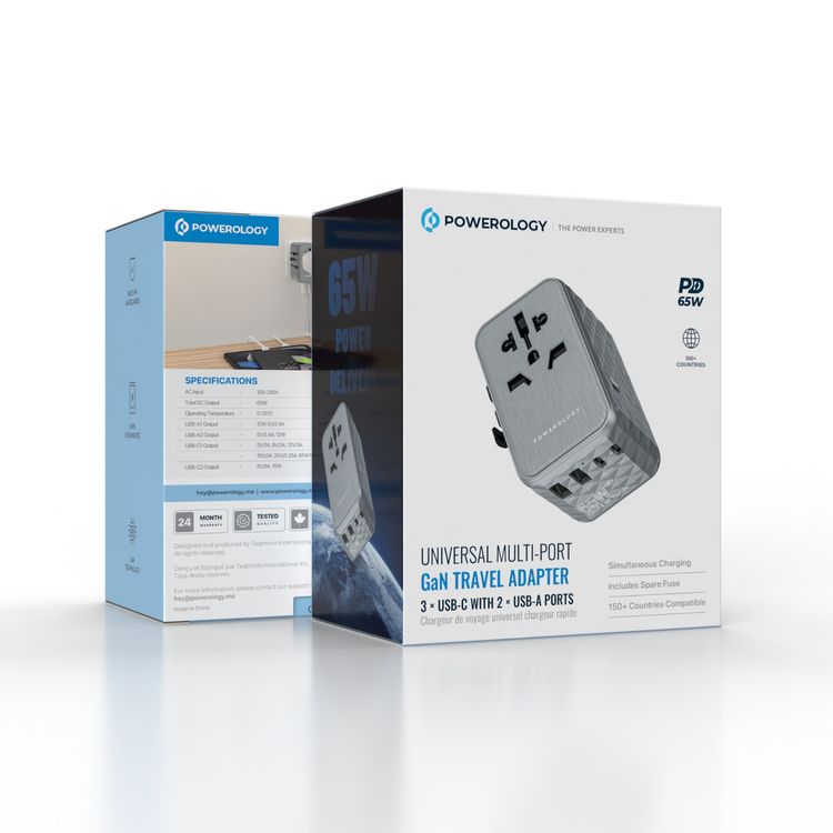 Powerology 65W PD Universal Multi-Port Travel Adapter with Triple USB-C Outputs, Universal Plugs, Combined Output Mode, Lightweight & Portable, Travel Friendly - Gray