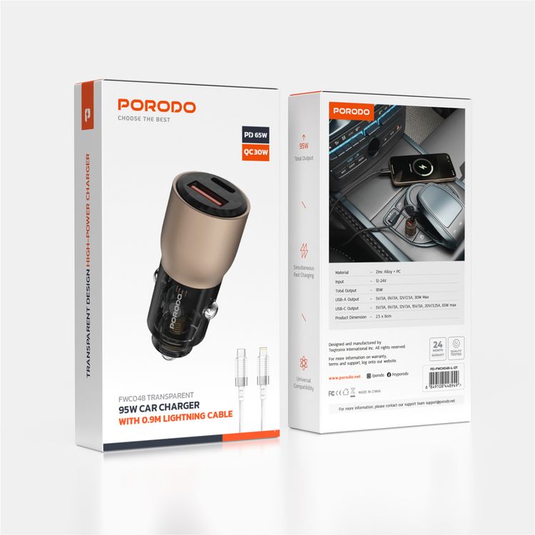Porodo 95W Car Charger Transparent  with 90cm Lightning Cable, Simultaneous Fast Charging, Universal Compatibility - Desert Titanium