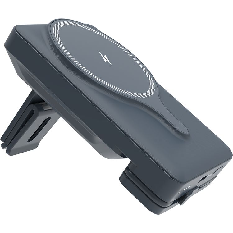 Powerology Car Mount 5000mAh Power Bank with Magnetic Wireless Charger, MagSafe Charging, PD 20W Fast Charge, Folding Air-Vent Clip, LED Indicator, Built-In Type-C Cable, Lightweight & Portable - Gray 