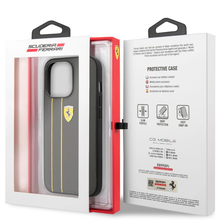 CG MOBILE Ferrari Genuine Leather Hard Case with Debossed Stripes Compatible for iPhone 13 Pro Max (6.7") Shock & Scratches Resistant, Easy Access to All Ports