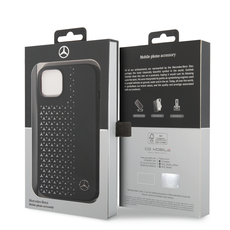 Mercedes-Benz Liquid Silicone Case with Gradient Star Horizontal Pattern iPhone 14 Compatibility - Black