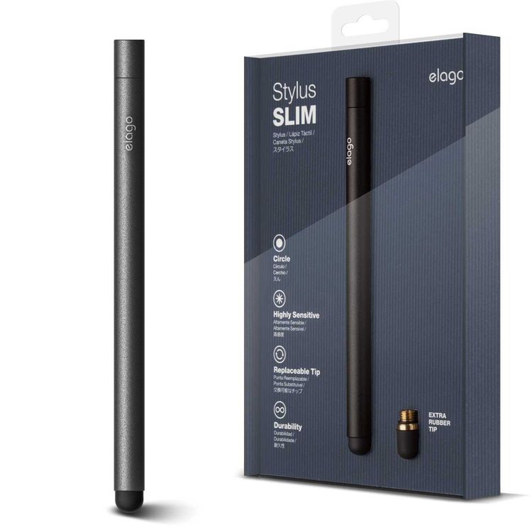 Elago Slim Stylus Pen, Completable With iOS & Android Series, Soft touch pen-point for better screen-protection, Extra Rubber Tip included, Black
