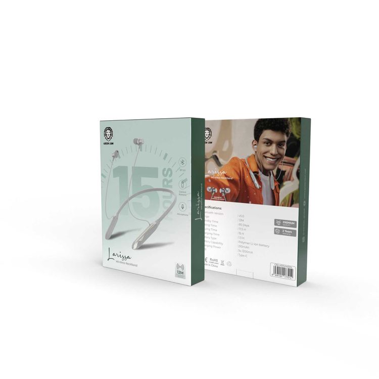 Green Lion Larissa Wireless Neckband with Control Buttons, Microphone, 210mAh Battery Capacity, 12m Transmission Distance - Silver
