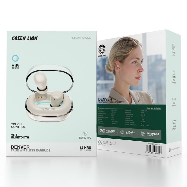 Green Lion Denver True Wireless Earbuds with IPX4 Waterproof, Voice Assistant, In-ear Comfort, Dual-Mic, Touch Control, 3 Hours Playtime - Cream