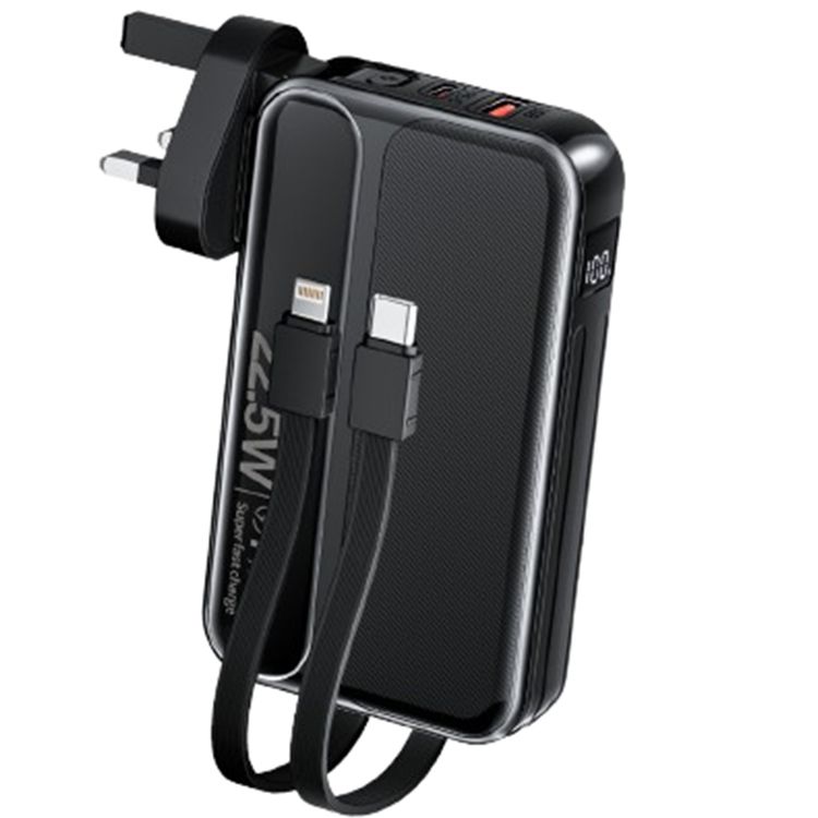 Green Lion Charge Mate Power Bank 10000mAh PD 22.5W, AC Power Input, Built-in Cables, Digital Display, US Plug, EU Plug, UK Plug, UK Plug - Black