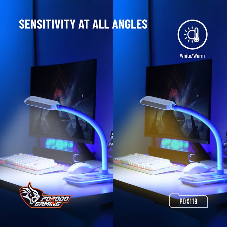 Porodo Gaming E-Sports Desk Lamp with Charging Base, Viewing Angle Adjustment, Colorful Light Adjustment, Brightness Levels, Plug & Play, 10W Max Wireless Output - White