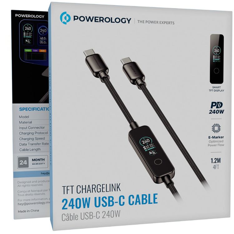 Powerology 240W USB-C to USB-C Cable with TFT Display, PD 3.1 Fast Charging, Advanced E-Marker Chip, 1.2m Cable Length, Durable Zink Alloy Shell - Black