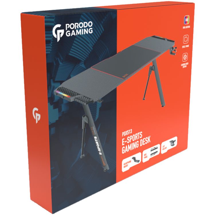 Porodo Gaming E-Sports Gaming Desk with Rubber Mousepad, Built-in Headphone Mount, Cup Holder & Cable Management Box, RGB Lighting Panel, Large Surface - Black