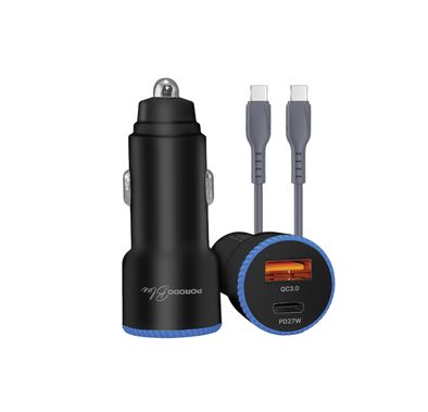 Porodo Blue Graz شاحن سيارة بمنفذين USB مع ضوء مؤشر، كابل USB-C إلى USB-C بطول 1 متر بقدرة 60 واط، PD 27 واط، QC 18 واط، وظيفة الإيقاف التلقائي، شحن متزامن، جهد إدخال 12-24 فولت - لون أسود