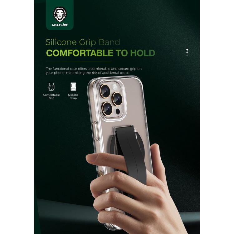 كفر حماية Green Lion MagSafe Grip لهاتف iPhone 16 Pro، شفاف مقاوم للاصفرار، حماية من الدرجة العسكرية، قبضة مريحة - أسود