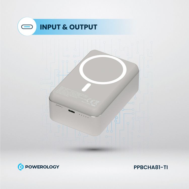 Powerology 30000mAh MagSafe Aluminum Power Bank with 20W Power Delivery, 15W Wireless Output, Li-Polymer Battery, Simultaneous Charging, Compact Design - Titanium