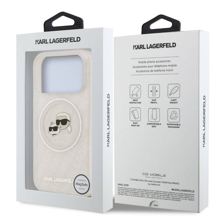 Karl Lagerfeld MagSafe IML Glitter & KL Repeated Case with Karl & Choupette for iPhone 17 Pro, Slim Profile, Drop Protection, Easy Snap-On, Sustainable Packaging, Comfortable Grip, Lightweight Design - White