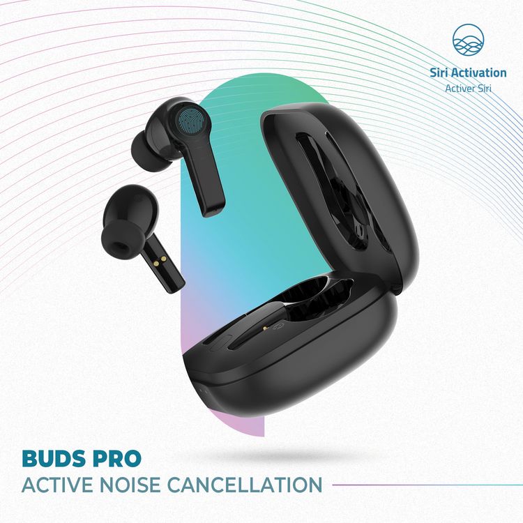 Powerology Earbuds Pro with Active Noise Cancellation, 30 Hours Charging Case Battery Life, 10m Transmission Distance, Bluetooth Version 5.2, Siri Activation - Black