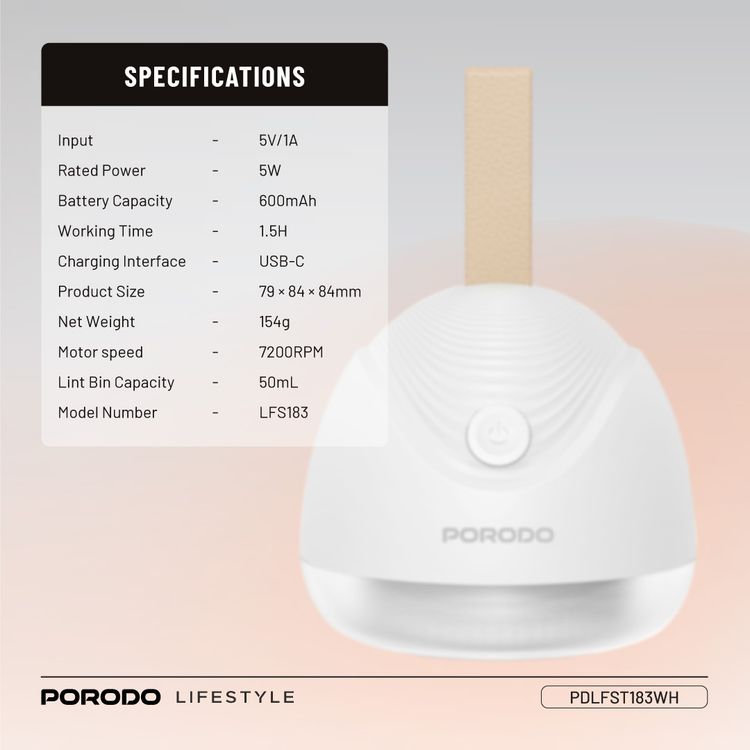 Porodo Lifestyle Fabric Shaver Lint & Bobbles Remover with Efficient 6-Blade Design, 5W Rated Power, 600mAh Battery Capacity, 1.5 Hours Working Time, USB-C Charging Interface, 7200RPM Motor Speed, 50mL Lint Bin Capacity - White