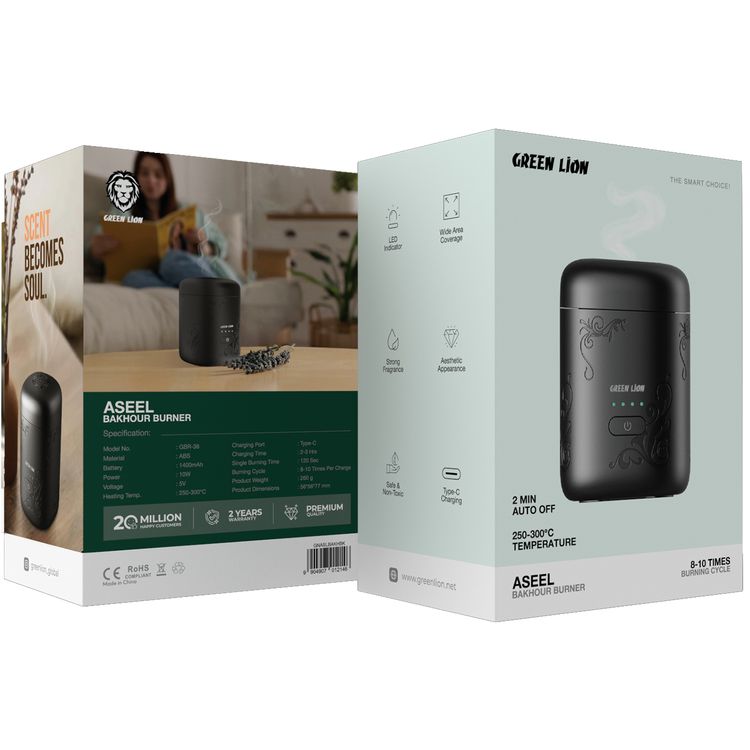 Green Lion Aseel Bakhour Burner with Aesthetic Appearance, 1400mAh Battery, 120 Seconds Single Burning Time, Auto-Off Function, Wide Area Coverage, LED Indicator, Safe & Non-Toxic - Black