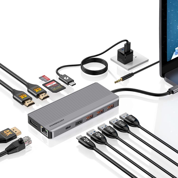 Powerology 13-in-1 USB-C Hub, 4K, HDMI, Type-C, 100W PD, Ethernet, USB SD MicroSD, 3.5 AUX - Gray