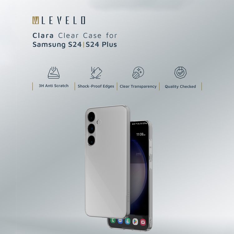 غطاء Levelo Clara Crystal Clear الشفاف لهاتف Samsung Galaxy S24، صلابة 3H، حواف مضادة للصدمات، طلاء مقاوم للخدوش والبقع، مواد عالية الجودة - شفاف