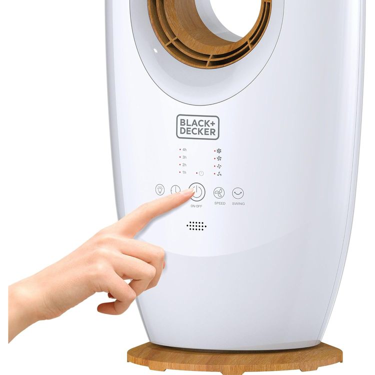 Black+Decker 2 in 1 Bladeless Fan, 85cm with 70W Tropical Motor, Cool-White LED Lamp, 60° Wide Oscillation, Low Noise, Remote Control, Wooden Trim, Covers 40m² – White