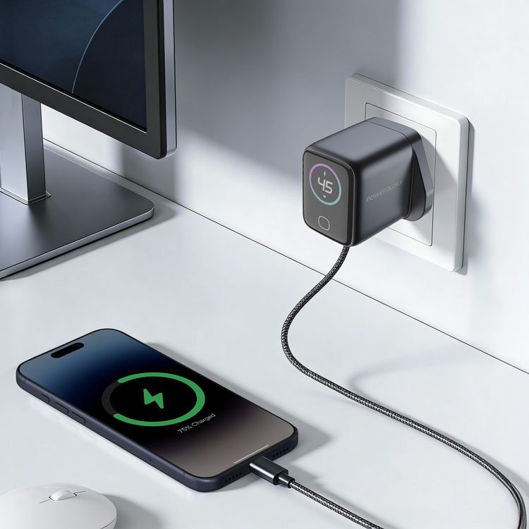 Powerology Voltflow 45W AVS GaN Wall Charger with Smart TFT Display, UK 3-Pin Plug, Rapid Power Delivery, AI Temperature Control, 110-240V Rated Voltage, 1A Rated Current, UK 3-Pin Plug,  25°C to 50°C  Operating Temperature - Gray