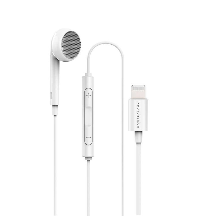 Powerology Single Mono Earphone with MFi Lightning Connector, Headphone Volume Control, Compatible with iPhone 13 mini/13/13 Pro/13Pro Max, New iPhones and iPads - White