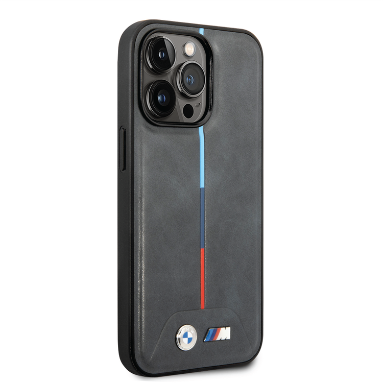 BMW M Collection Quilted PU Case with Hot Stamped Tricolor Stripe and Printed Logo iPhone 14 Pro Compatibility - Grey