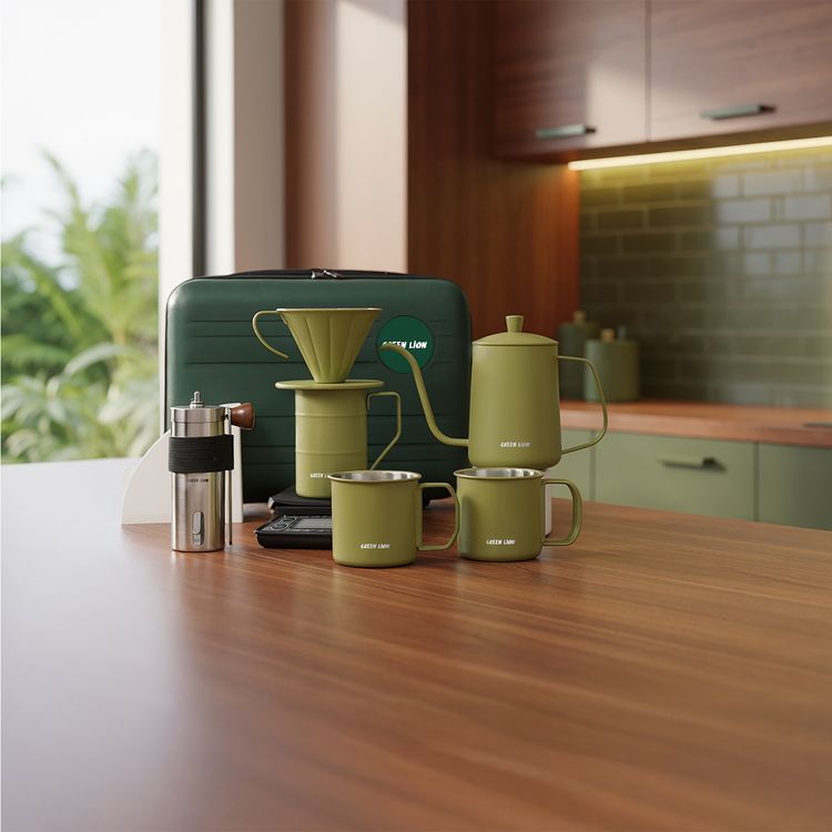 Green Lion V-60 Pro Coffee Maker Set with Gooseneck Kettle, 100 Paper Filters, Precision Scale, Pour-Over Dripper, Adjustable Grinder, 2 Stainless Steel Cups, Travel Case Included - Green
