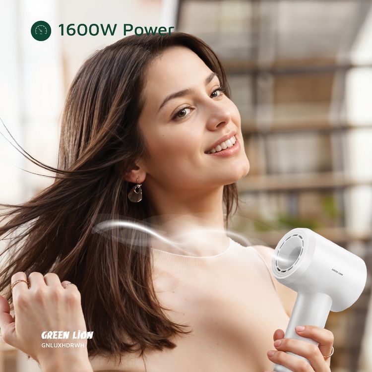 Green Lion LUXAIR Hair Dryer with 1600W Rated Power, 3 Heat Settings, Magnetic Nozzle, Digital Display, Thermostat Control, 2 Wind Speeds - White 