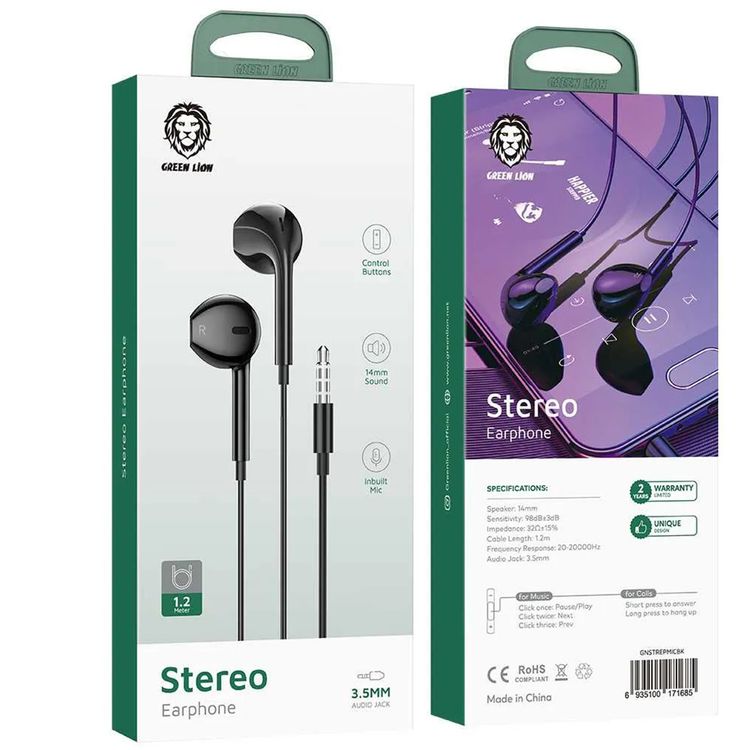 Green Lion Stereo Earphones with Built-in Microphone, 14mm Speaker, 1.2m Cable Length, 3.5mm Audio Jack, Control Buttons - Black
