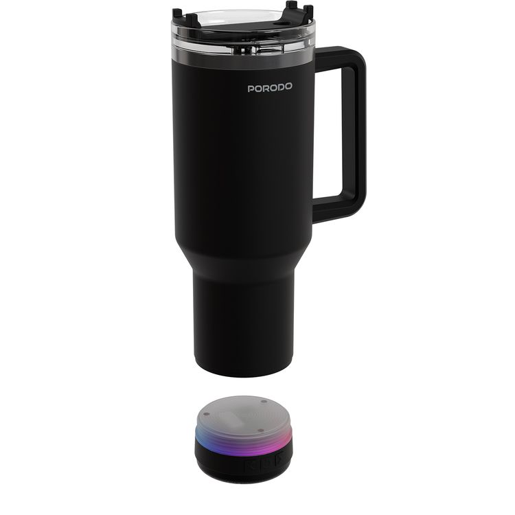 Porodo HydroTunes Tumbler with Detachable Bluetooth Speaker Base, Bluetooth Version 5.3, 300mAh Battery, 1.2L Capacity, USB-C Charging Port, Dual-Function Design, Leakproof Silicone Lid, 3W Speaker Output Power - Black