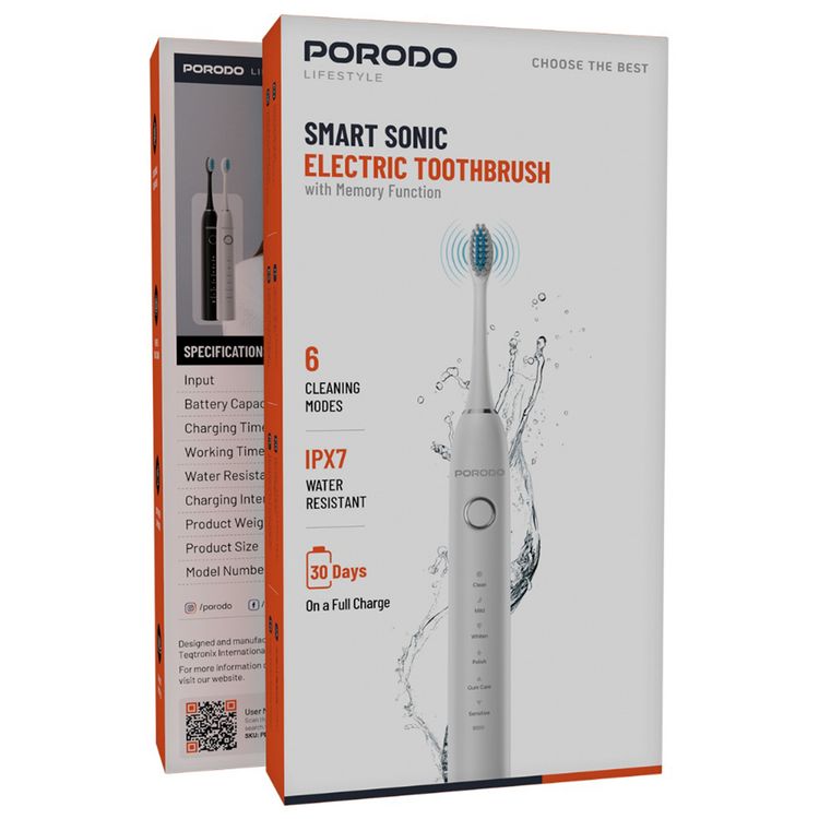 فرشاة الأسنان الكهربائية الذكية Porodo Lifestyle Smart Sonic مع وظيفة الذاكرة، 6 أوضاع تنظيف، حتى 30 يومًا من وقت العمل، بطارية 500 مللي أمبير، مستوى مقاومة للماء IPX7، واجهة شحن USB-C، شعيرات دوبونت، تنظيف صوتي قوي، مؤقت ذكي وتذكير - أبيض