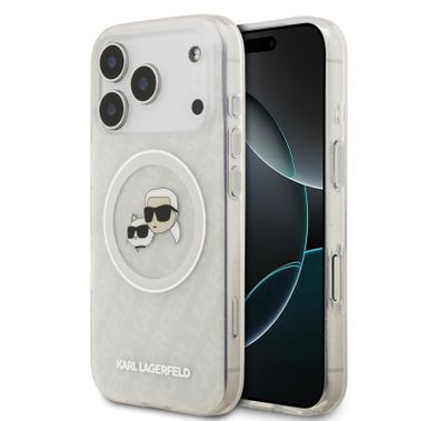 Karl Lagerfeld MagSafe IML Glitter & KL Repeated Case with Karl & Choupette for iPhone 17 Pro, Slim Profile, Drop Protection, Easy Snap-On, Sustainable Packaging, Comfortable Grip, Lightweight Design - White