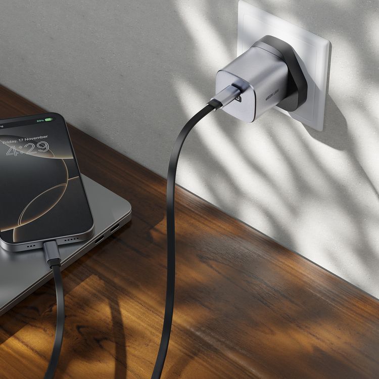 Green Lion Premium UK Plug Wall Charger with 20W Power Delivery, Multiple Protection, PC Flame Retardant Material, Fats Charging - Gray