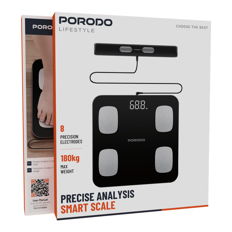 Porodo Lifestyle Precise Analysis Smart Scale with 8 Precision Electrodes, Supports Up to 180kg, Helping to Track Bone Density and Muscle Mass, Hydration Level Tracking - Black