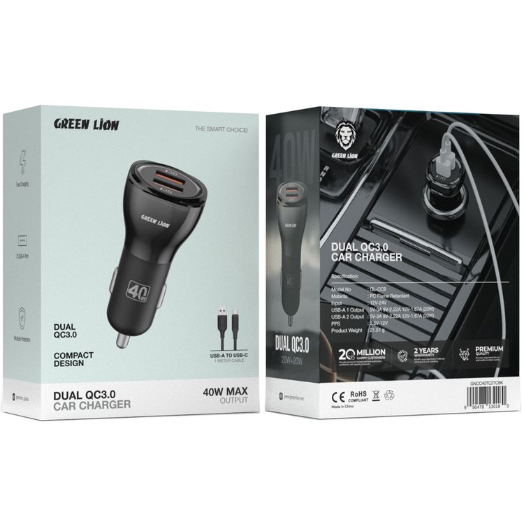 Green Lion Dual QC3.0 Car Charger with USB-A to USB-C Cable, PC Flame Retardant, 40W Power Output Max, Fast Charging, Multiple Protection, Ultra Portable, Compact Design - Black