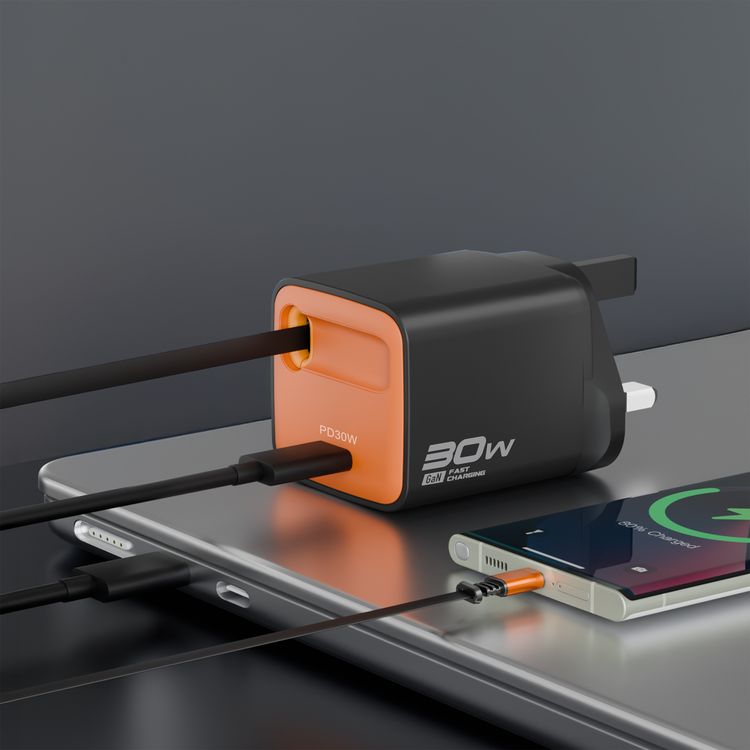 Porodo Tezpatro 30W GaN Charger with USB-C Retractable Cable, 0.8A Rated Current, 30W Power Delivery, 80cm Cable Length, Flame-Retardant Housing, Fast Charge Support - Black / Orange