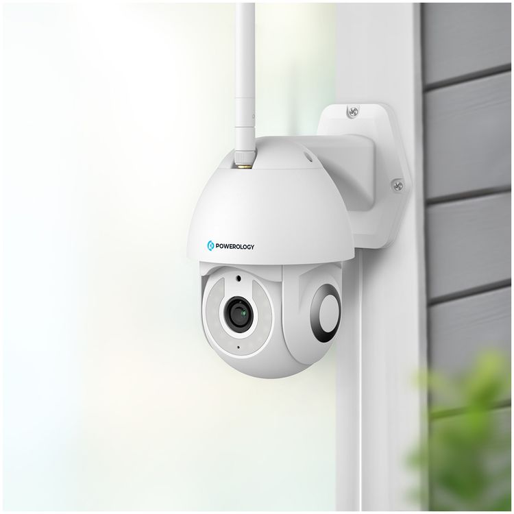 Powerology Advanced Outdoor Camera with 360-degree Viewing Angel, Full-color Night Vision, Auto-tracking, Motion Sensor, 3MP Resolution, Real Time Monitoring, 12 LED Lights, IP65 Waterproof - White