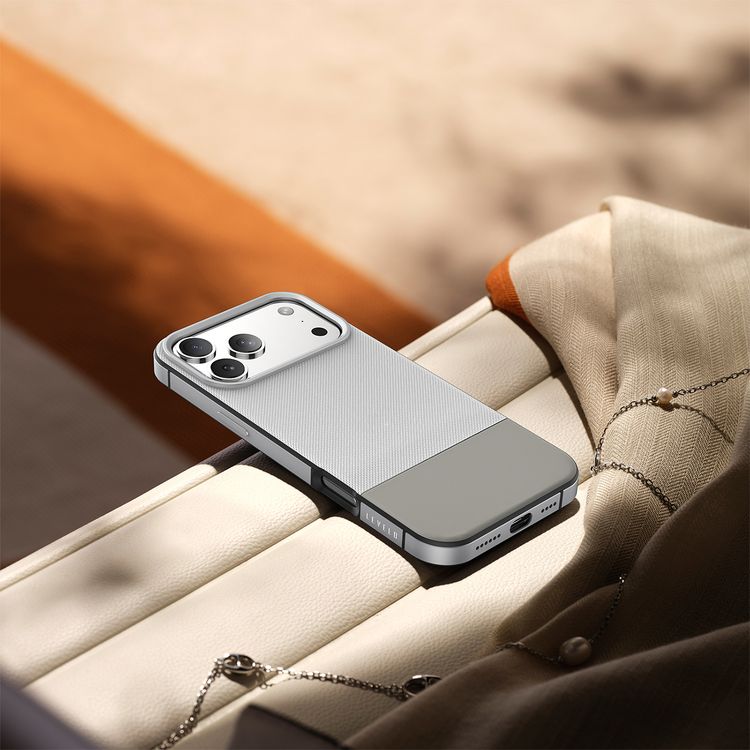 Levelo Cuir Leather Hybrid Case with Comfortable Grip for iPhone 17 Pro Max, Strong Magnets & MagSafe Compatible, Shock-Resistant Bumper, Aluminum Alloy Frame for Camera & Buttons, Drop-Tested - Silverstone