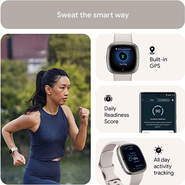Fitbit Sense2 Fitness Wristband Heart Rate Tracker - Lunar White/Platinum Aluminum