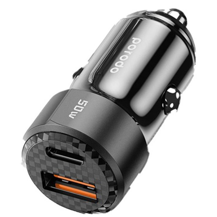 Porodo 50W Dual Port Car Charger USB-C to Lightning Cable, 50W Total Output, Simultaneous Charging, Portable, 1m Cable Length - Black