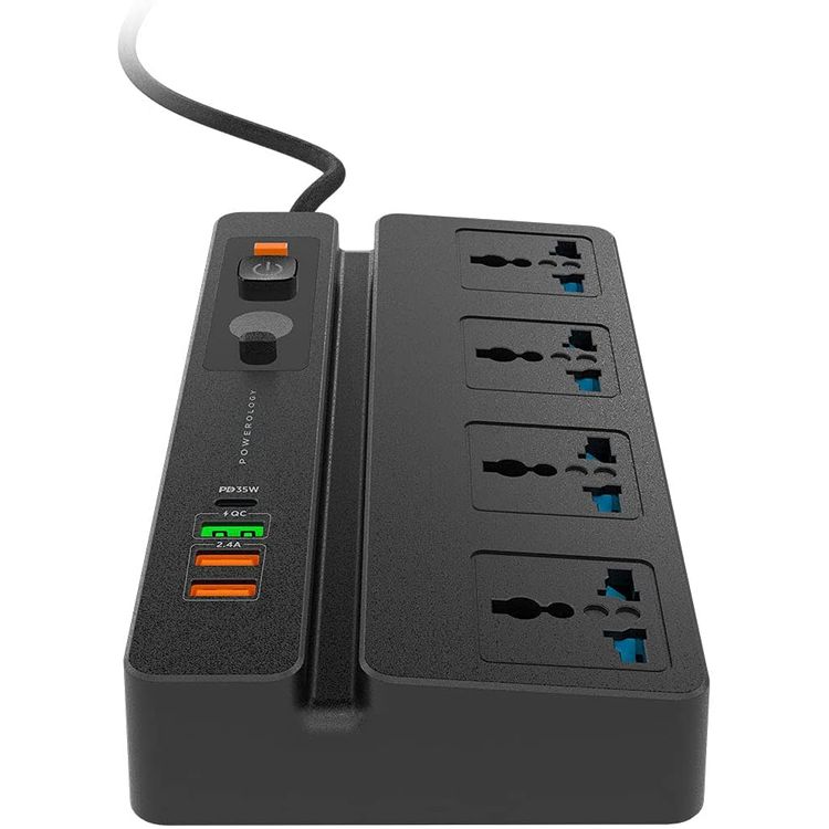Powerology Universal Socket P65MPSBK 4 AC, 3 USB Ports & USB-C PD 35W Socket with Phone Stand and Timer - Black