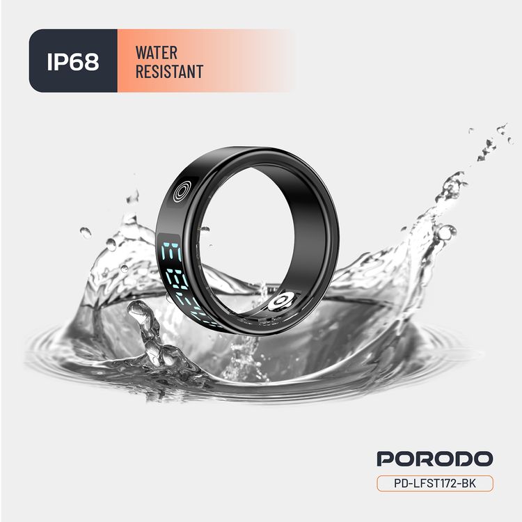 Porodo FitSync Smart Ring with Digital Display with Touch Scroll Function in Small Size 7, Up to 4 Days Active Use Time, 96KB Ram & 128KB ROM, Camera Gesture Control, Activity Tracking & 128 Sport Modes - Black