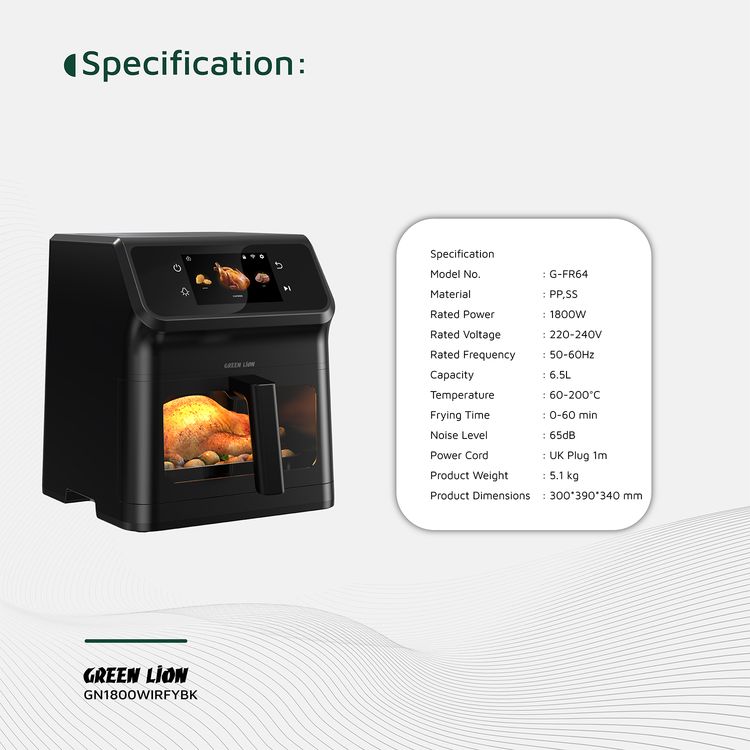 Green Lion Smart Air Fryer with 6.5L Capacity, Timer Function, TFT Touch Screen, Wi-Fi Connectivity, Installed Recipes, Rapid Air Circulation, Non-Stick Coating, Oil-Free Cooking