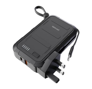  شاحن حائطي PPS من Porodo بسعة 10000 مللي أمبير في الساعة مع كابل Type-C وLightning مدمج، PD 20 وات، مخرج USB-A 22.5 وات، 10 وات Lightning، شحن متزامن - أسود