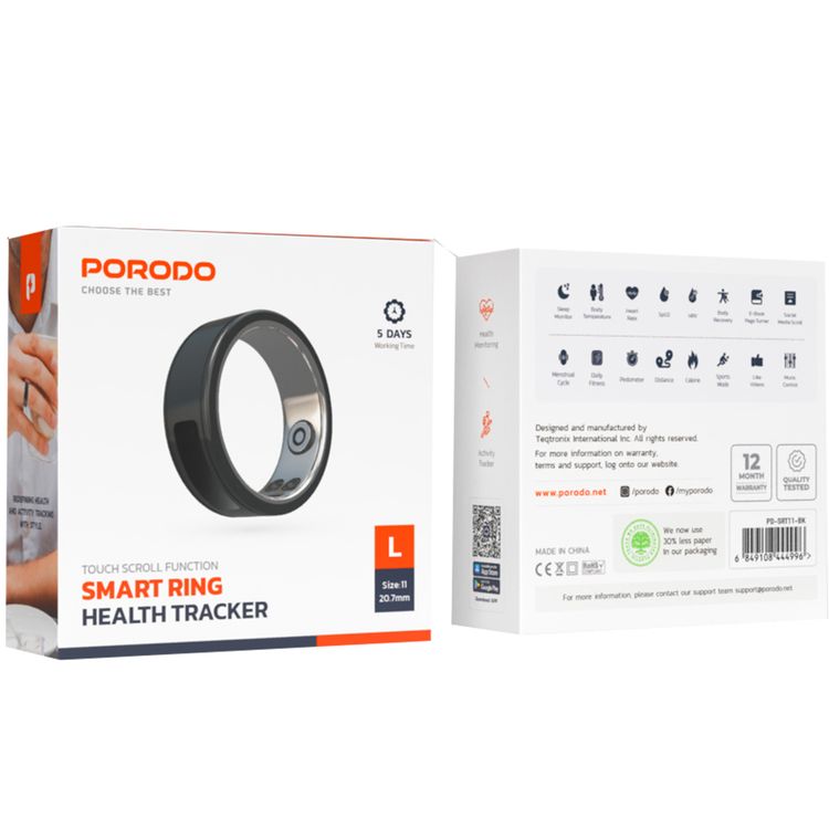 Porodo Wearable Smart Ring Size 11 with Touch Function, Anti-Bacterial Stainless Steel, Lithium Polymer Battery, 4.5g, 16mAh, 4-6 Days Working Time, IP68 Waterproof Rating, Compatible with OS Android 5.0+, iOS9.0+ - Black