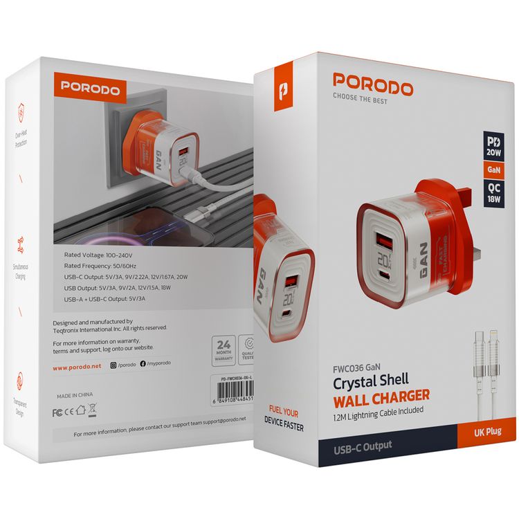 Porodo Crystal Shell GaN Wall Charger with 1.2m Lightning Cable Included, Simultaneous Charging, 20W Power Delivery, Overheat Protection, 18W USB-A Output - Orange
