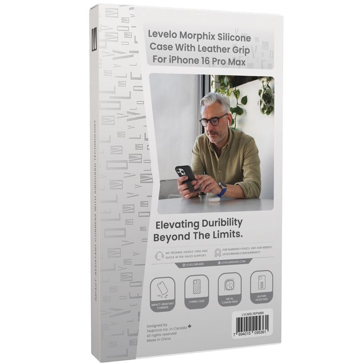 Levelo Morphix Silicone Case with Leather Grip for iPhone 16 Pro Max, Metal Camera Ring, Multi-Functional Kickstand, Impact-Resistant Corners, Super Durable Materials - Black