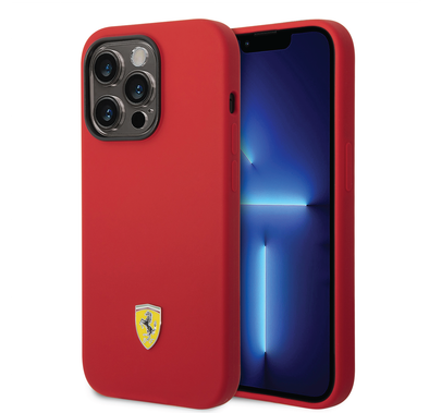 Ferrari Liquid Silicone Case with Black Camera Outline & Metal Logo iPhone 14 Pro Compatibility - Red