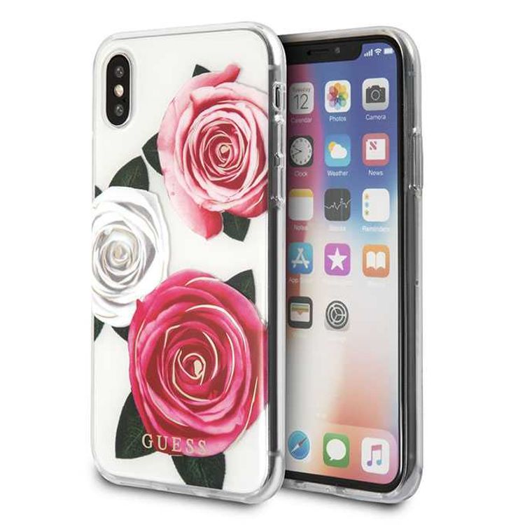 Guess Flower Desire Transparent Hard Case for iPhone Xs Max, Full Protection Case, Shock Absorption Back Cover - Tricolor Roses