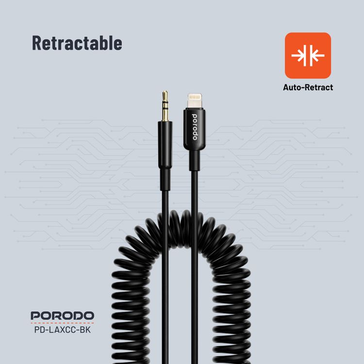 Porodo 3.5mm AUX to Lightning Coiled Audio Cable with 1.2m Length, Universal Compatibility, Auto-Retract & Tangle-Free Design - Black