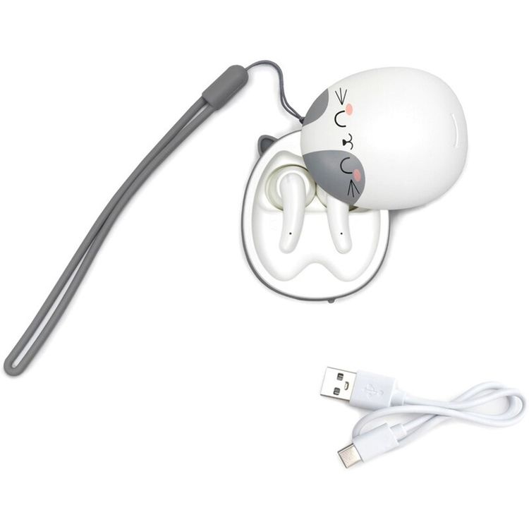 Legami Be Free True Wireless Earbuds, Microphone Included, Touch Sensor, Kitty Theme, USB Charging Power, ABS Material - White